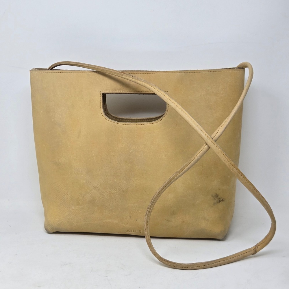 ABLE Tan Leather Crossbody‎ Tote Bag Cutout Handle Handmade Ethiopia Nubuck